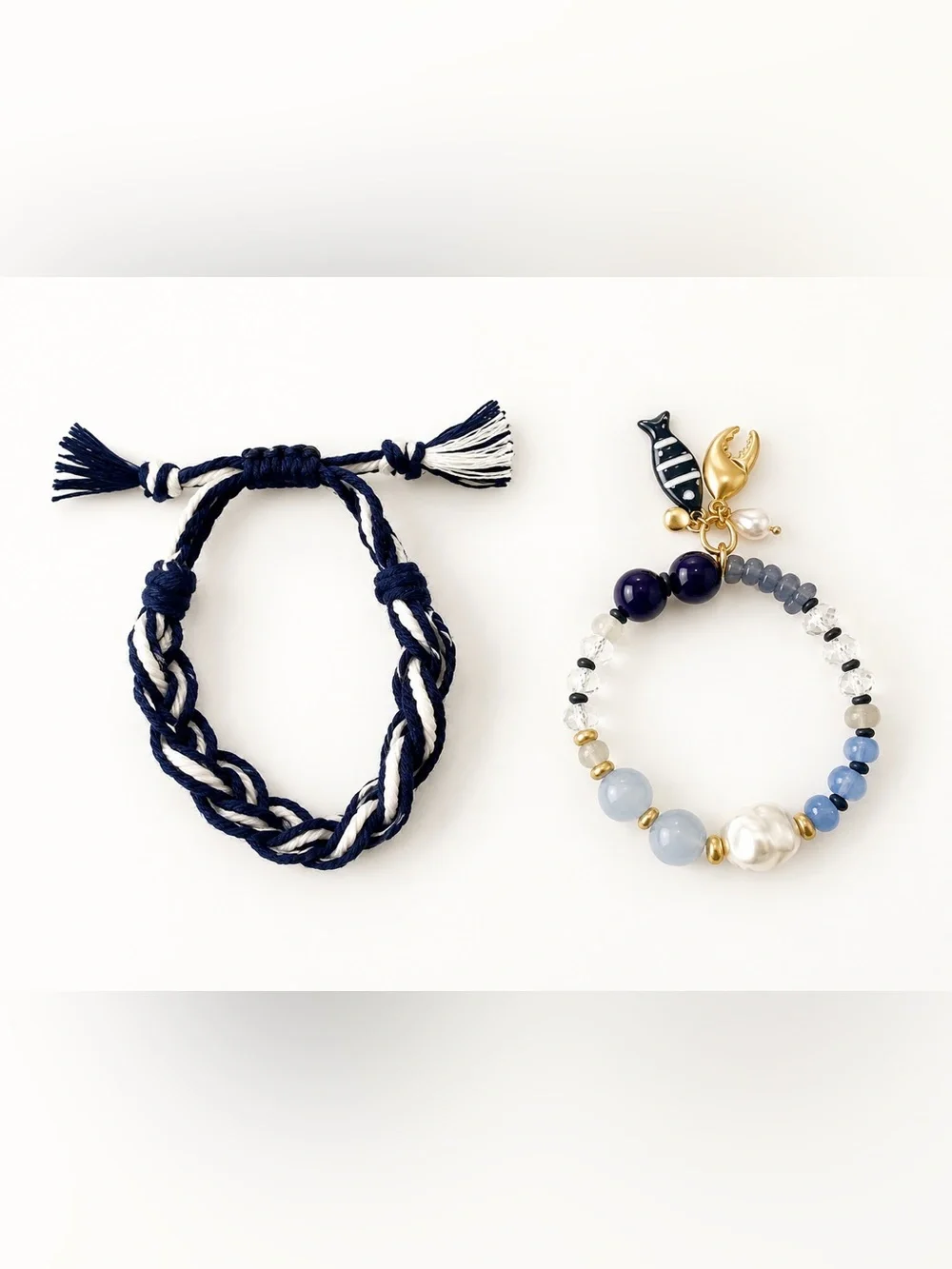 Nautical Beaded Charm & Braided Bracelet Set Navy Blue White